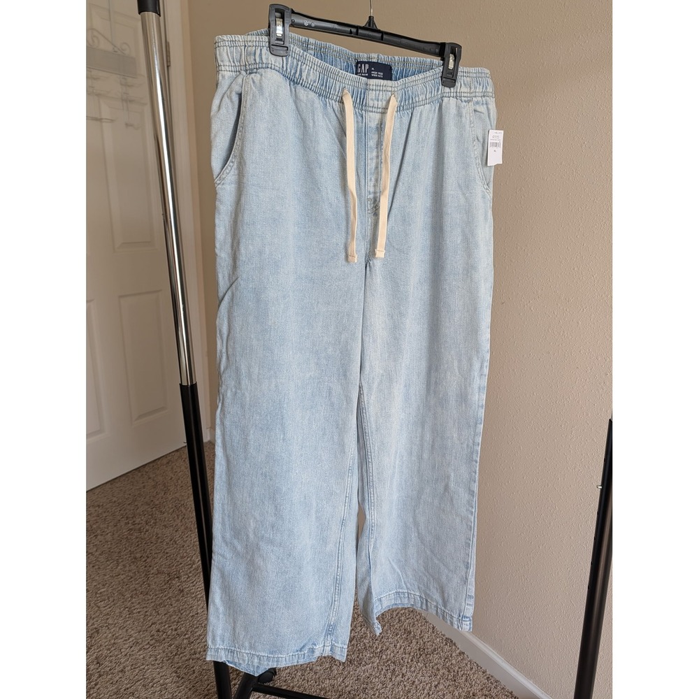 GAP Womens XL High Rise Wide-Leg Light Wash Denim Drawstring Pants NEW